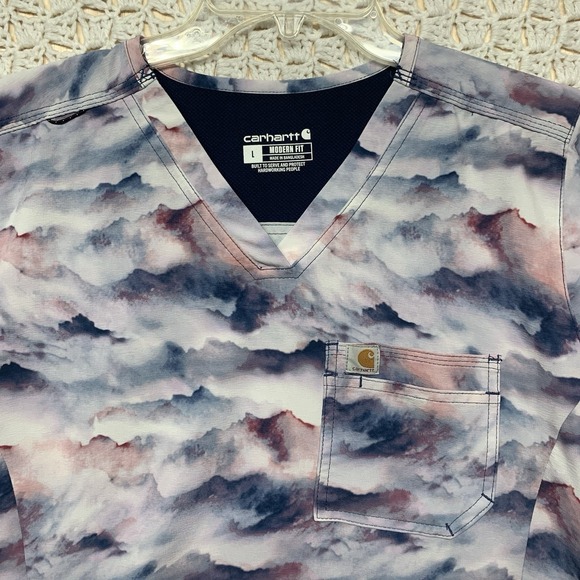 Carhartt Scrub Top Women Sz L Pink Blue Uniform Modern Fit V-Neck C13014 - Picture 2 of 9
